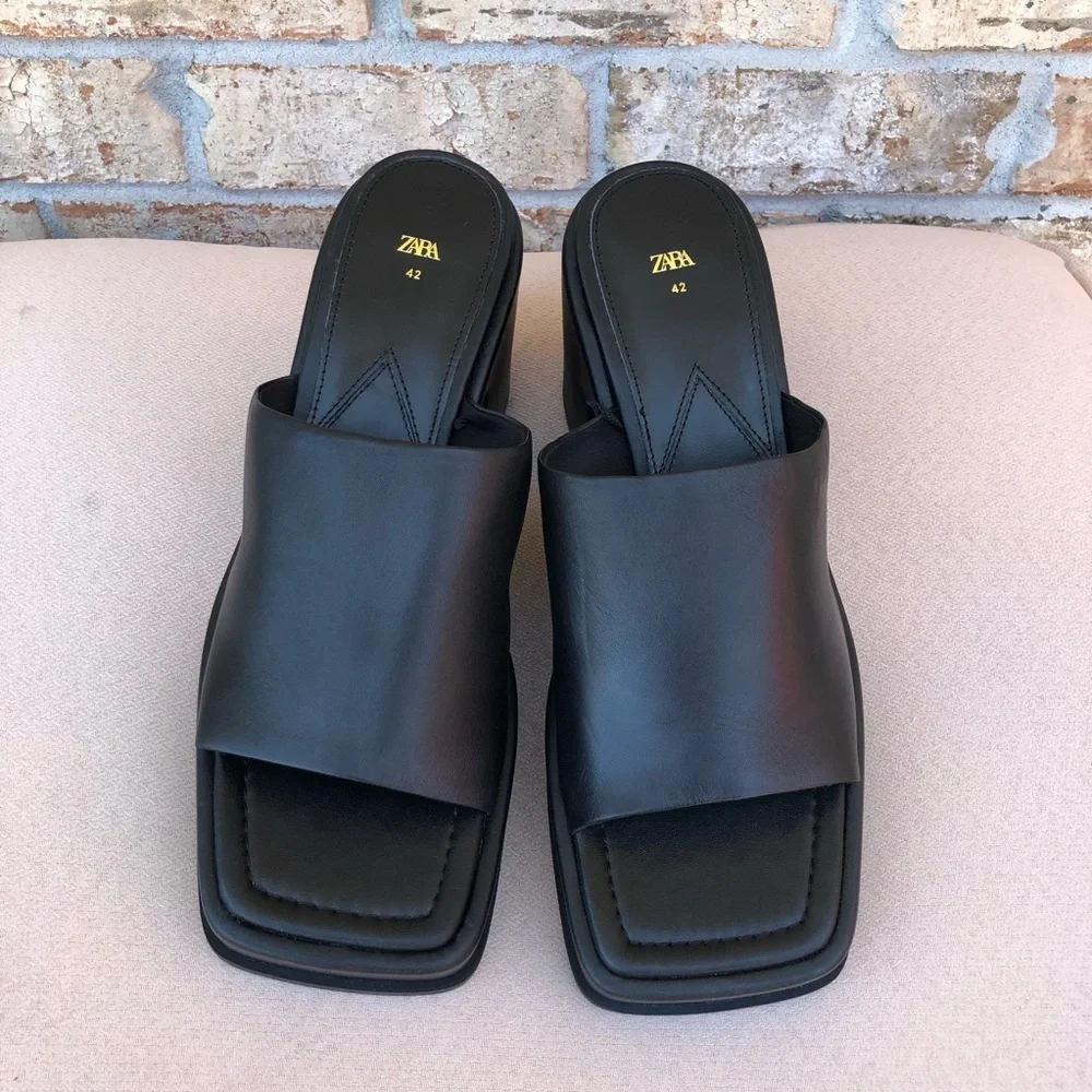 Zara Black Leather Chunky Heel Squared Toe Versatile Slip On Platform Shoes‎ 42